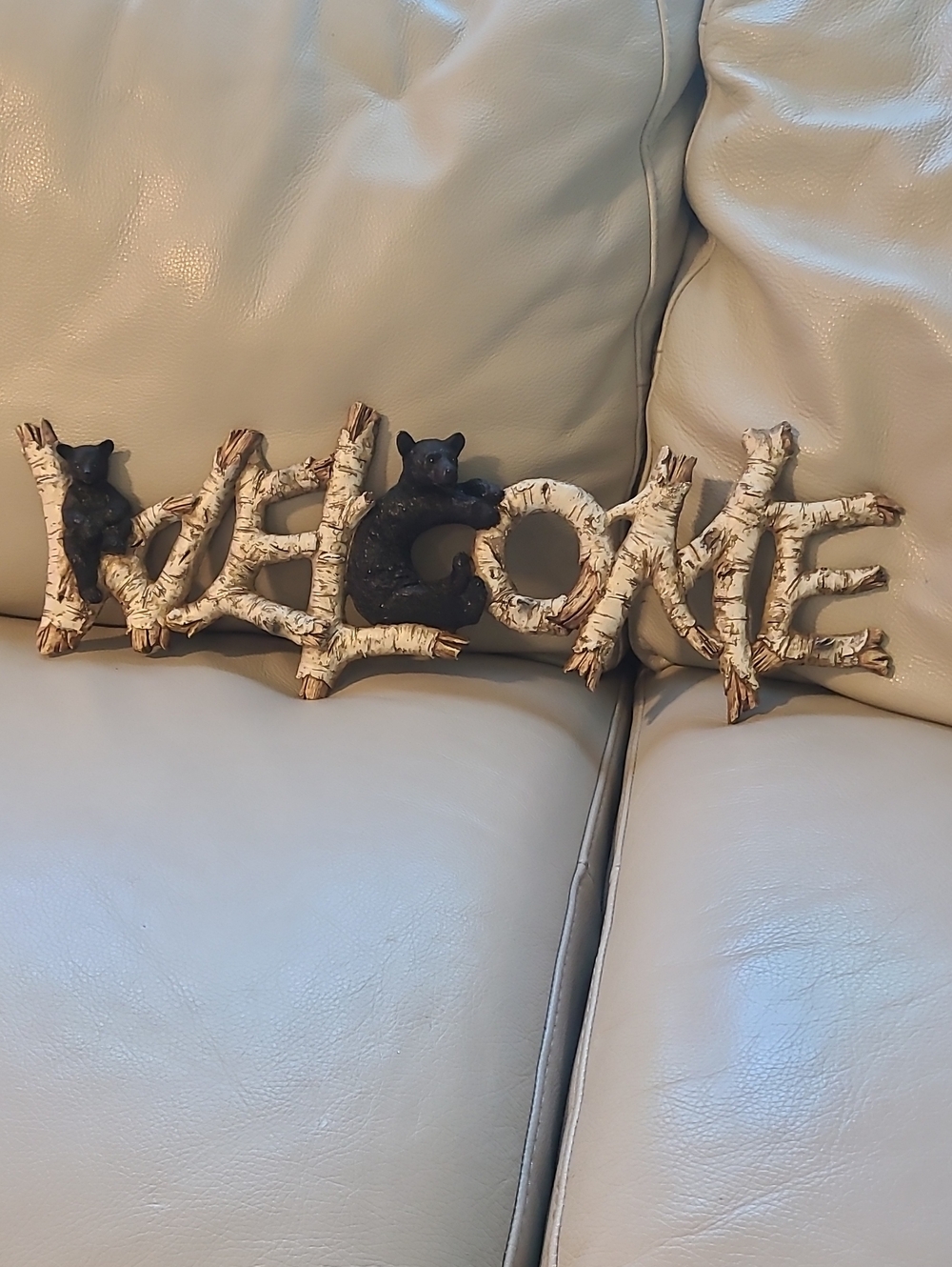 Hand Crafted Birch Log 'Welcome' Wall Accent in Cream and Black 20×5